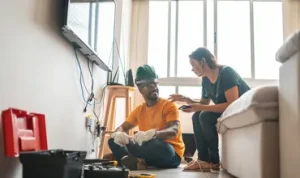 Technician discussing cable management with client